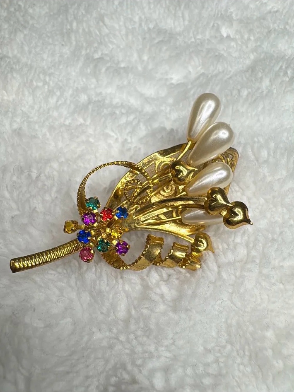 Vintage OTC International Rhinestone Faux Pearl Gold Tone Floral Pin Brooch